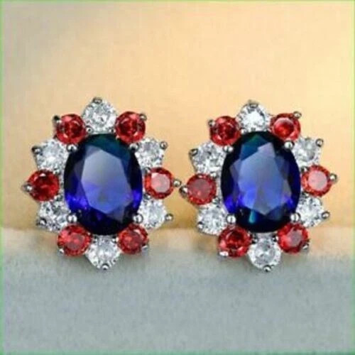 Women’s 2.20Ct Oval Simulated Sapphire Halo Stud Earring 14K White Gold Plated