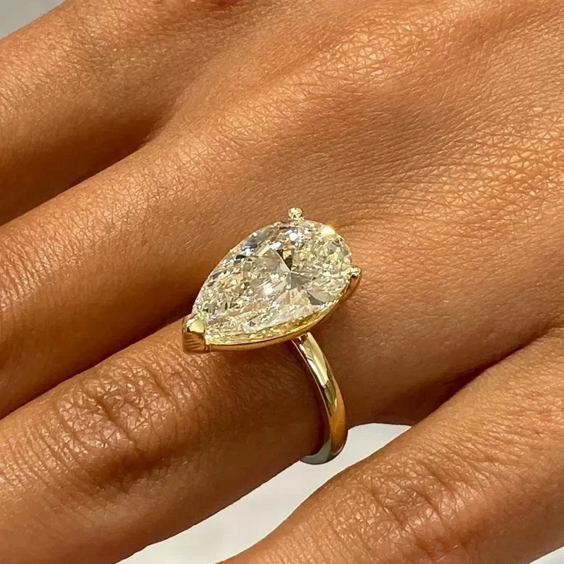 3Ct Pear-Cut VVS1 Moissanite Solitaire Engagement Ring 14K Yellow Gold Plated