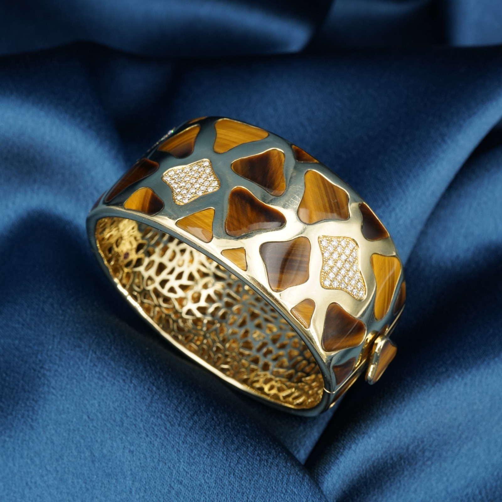 Roberto Coin Giraffe Bracelet Diamond Tigers Eye Inlay 18k Gold 6.5″ 93g BG1212