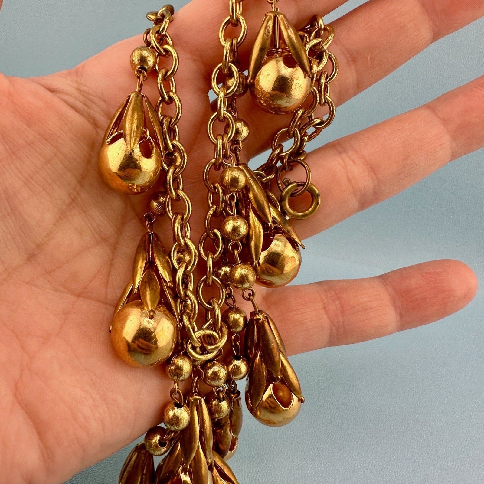 Vintage Art Deco Necklace Fringe Chain Gold Tone Etruscan Revival Statement