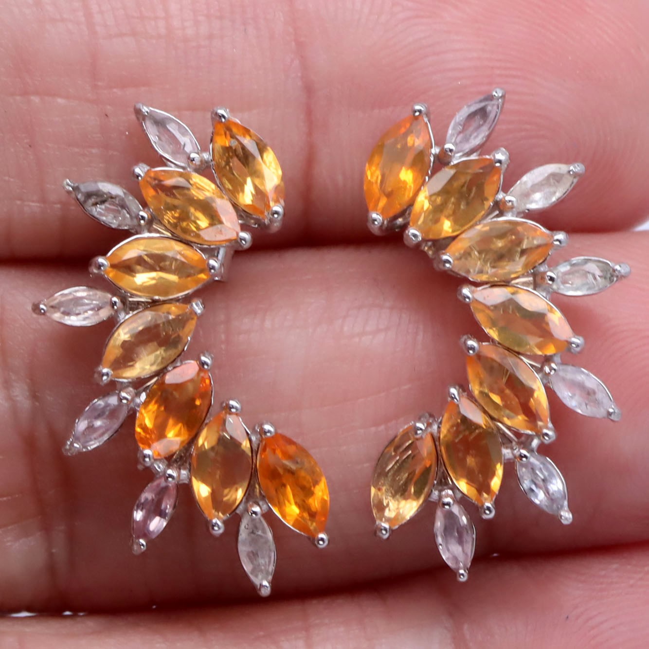 925 Sterling Silver 3 x 6 MM. Orange Fire Opal & Sapphire Birthstone Earrings