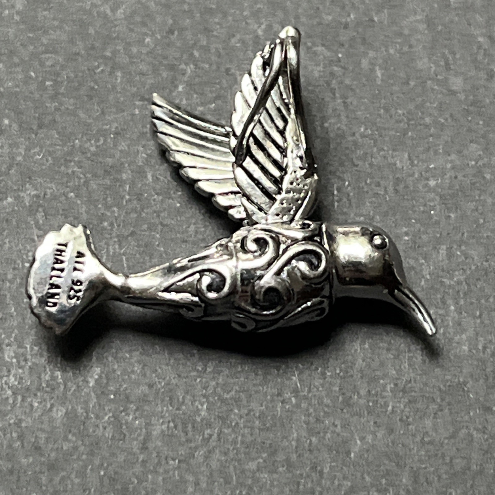 Sterling Silver Hummingbird In Flight Pendant Textured Wings 7.2g, engraved body
