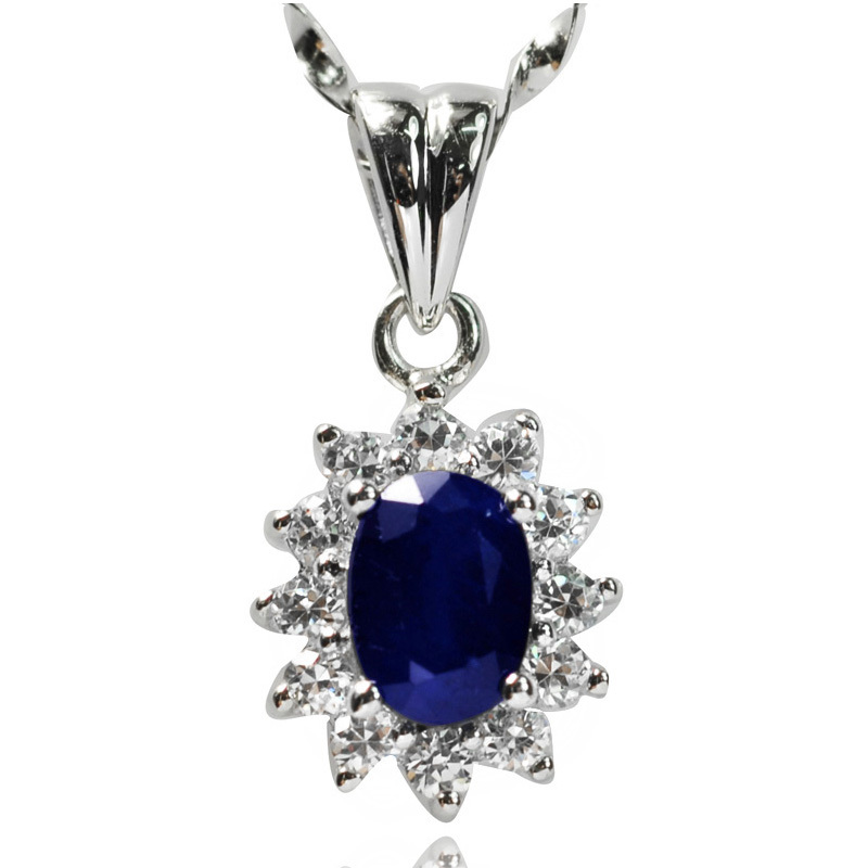 De Buman Sapphire & Cubic Zirconia Sterling Silve Elegant Pendant Necklace, 18”