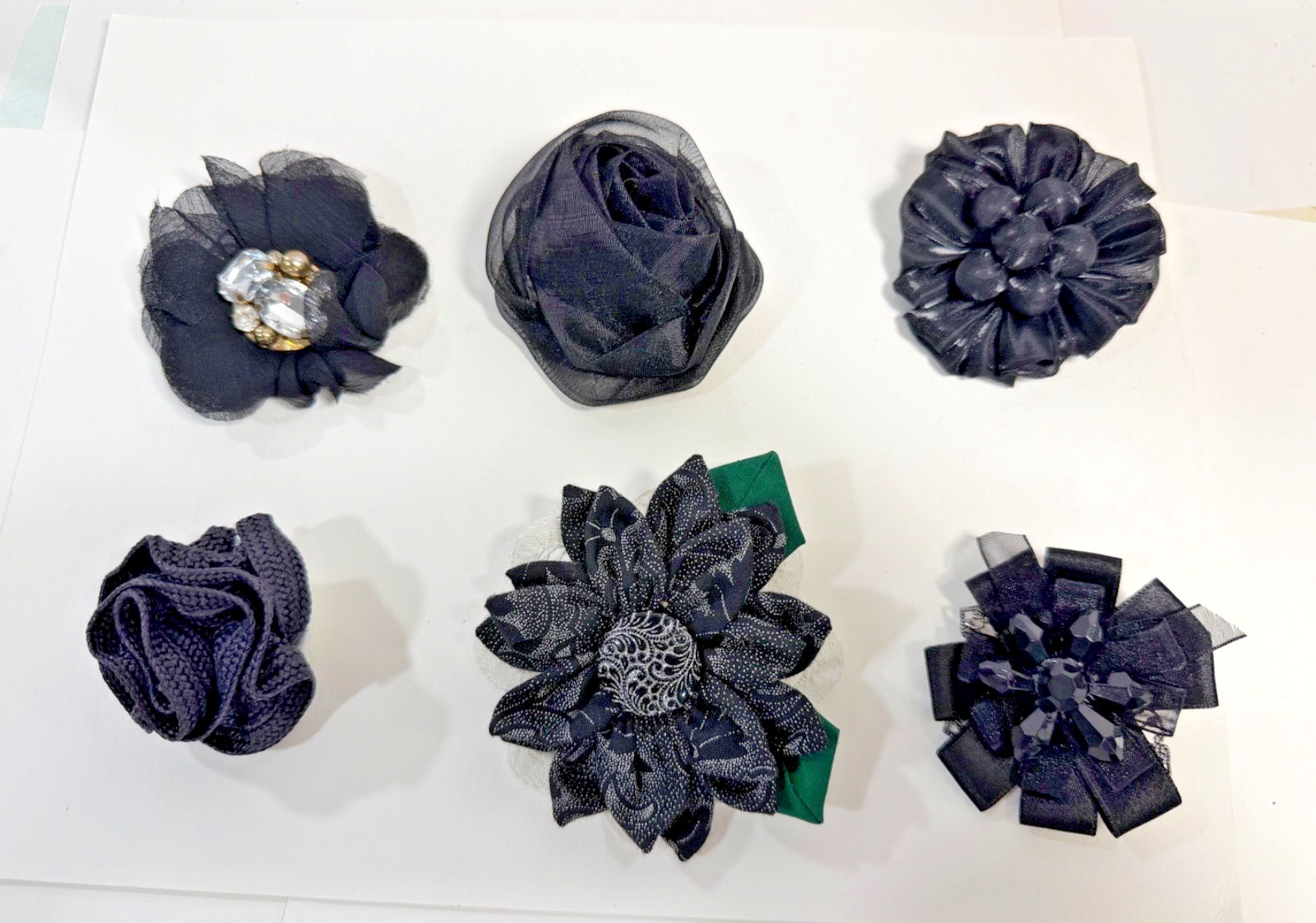 Lot of 6 Black Fabric Flower Brooches Handmade Upcycled Ribbon Lace Pins