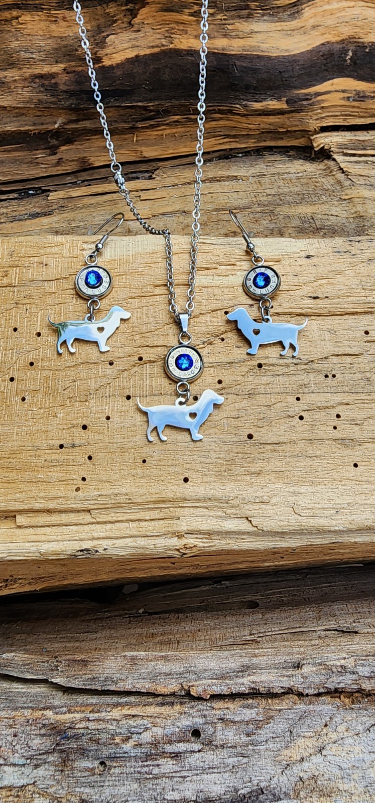 Stainless Dachshund Dog Bullet Necklace and Earrings. Optional Crystals.