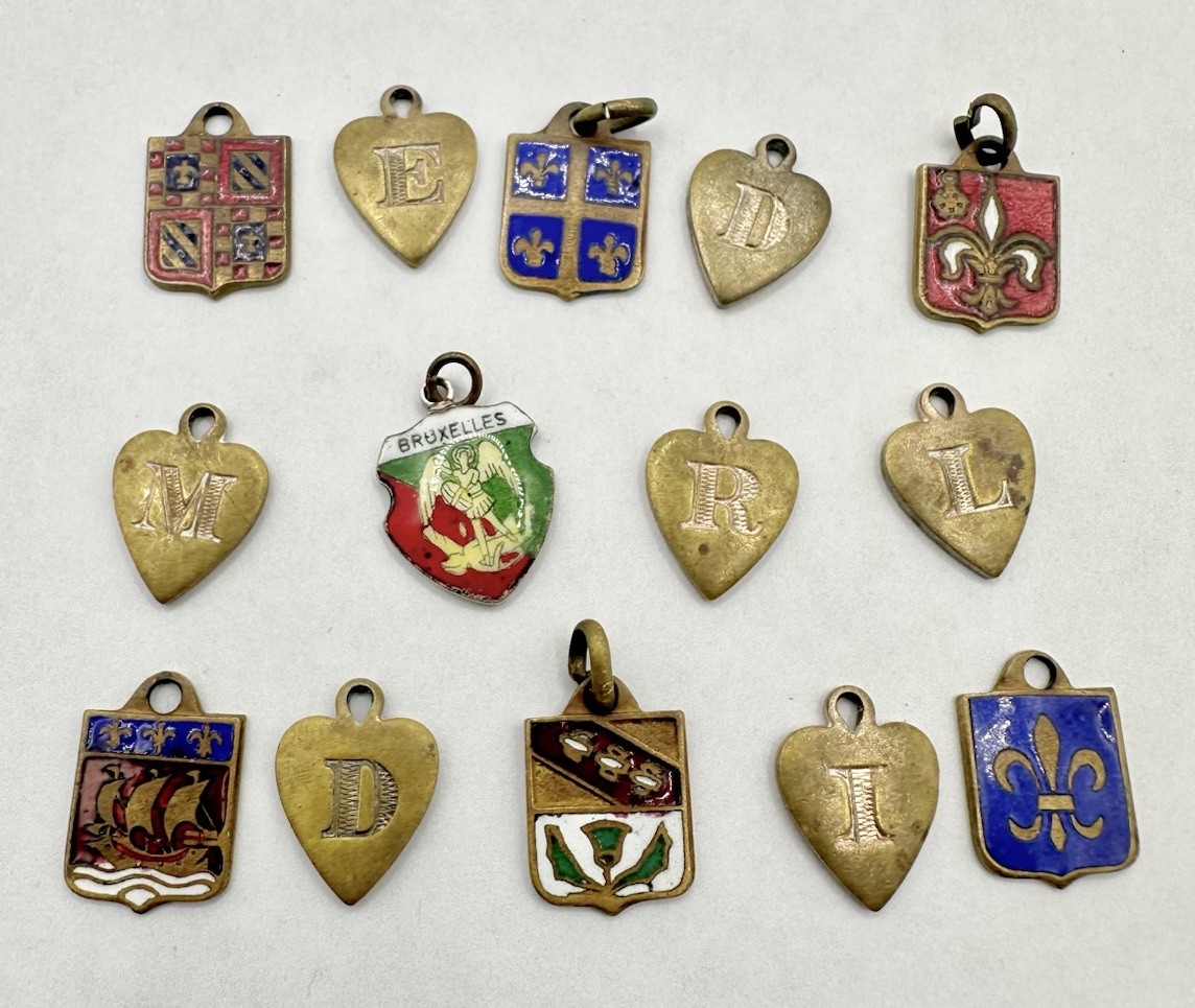 Antique Old VTG 14 Personalized Charms Brass? Mixed Metal Enamel Pendants Read