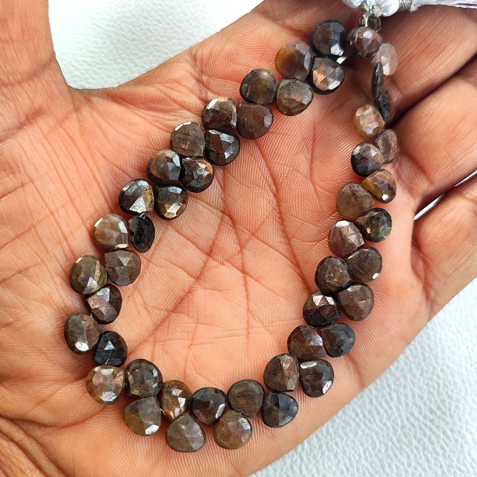 7mm Brown Copper Sapphire Faceted Heart Beads 8 Inch Strand Madagascar Gemstone