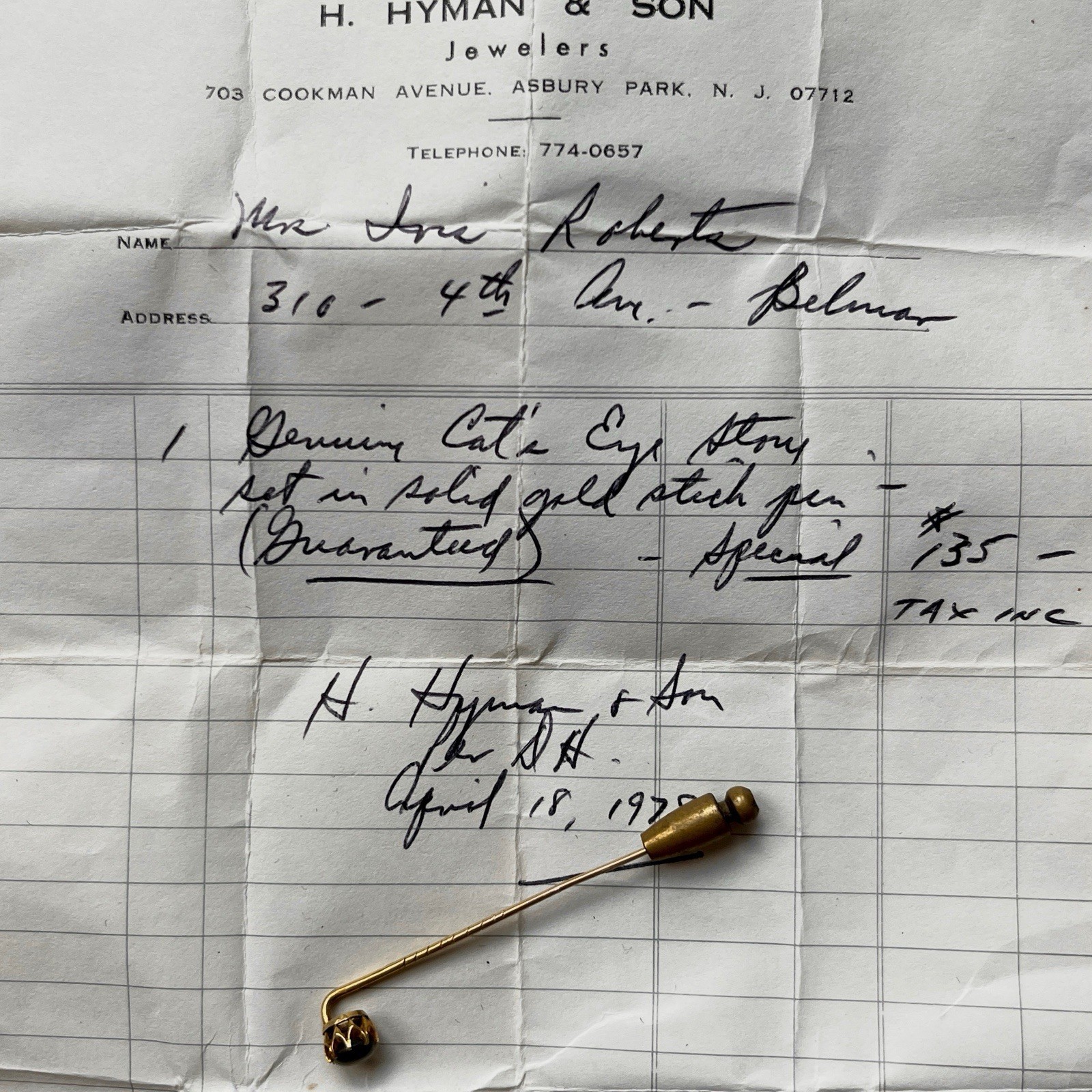 Vintage 14K Gold Chrysoberyl Cat’s Eye Stick Pin. Original 1970 Jeweler Receipt
