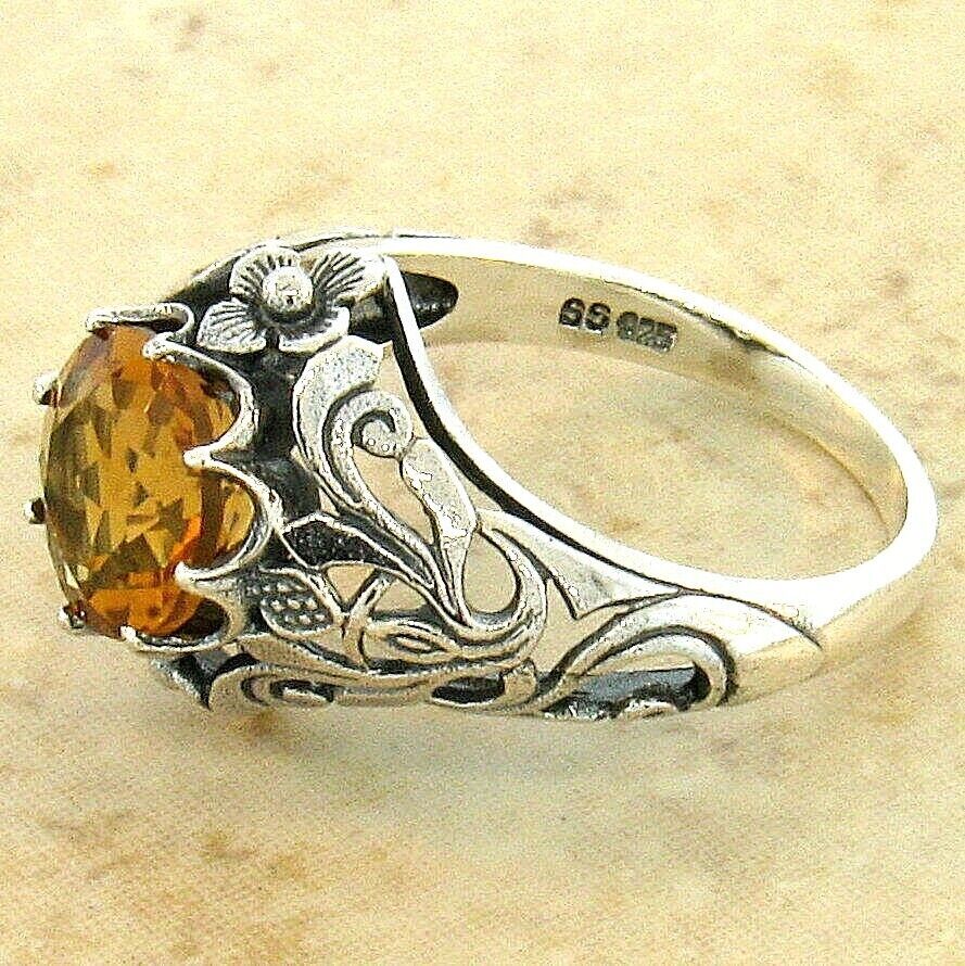 NOUVEAU ANTIQUE STYLE SCOTTISH THISTLE 925 SILVER LAB-CREATED CITRINE RING 890X