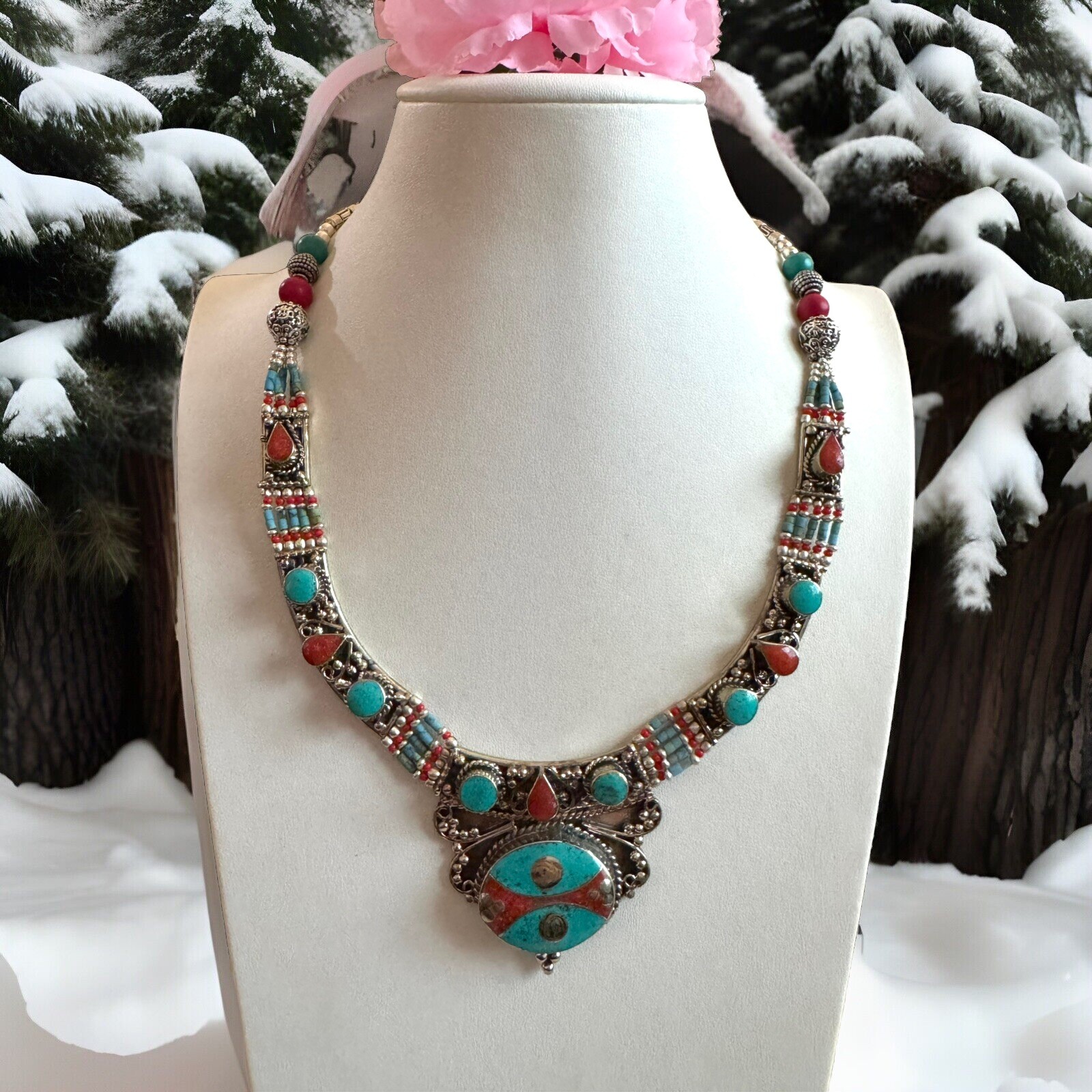 Ethnic tribal theme hand crafted necklace inlay stones set in Tibetan silver19”