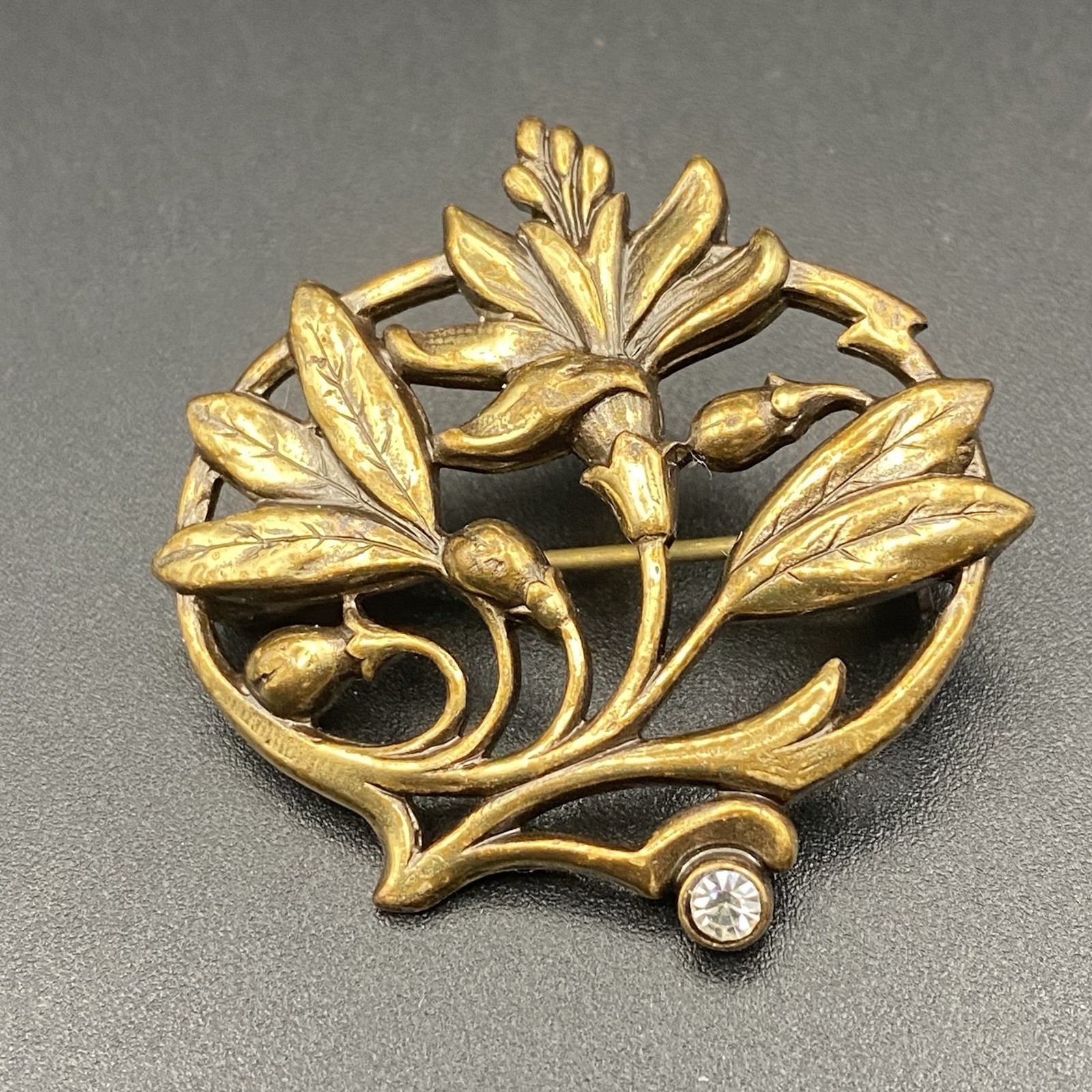 Vtg Art Nouveau Revival Brass Floral Brooch Openwork Lily Rhinestone 1.25 x1.25″