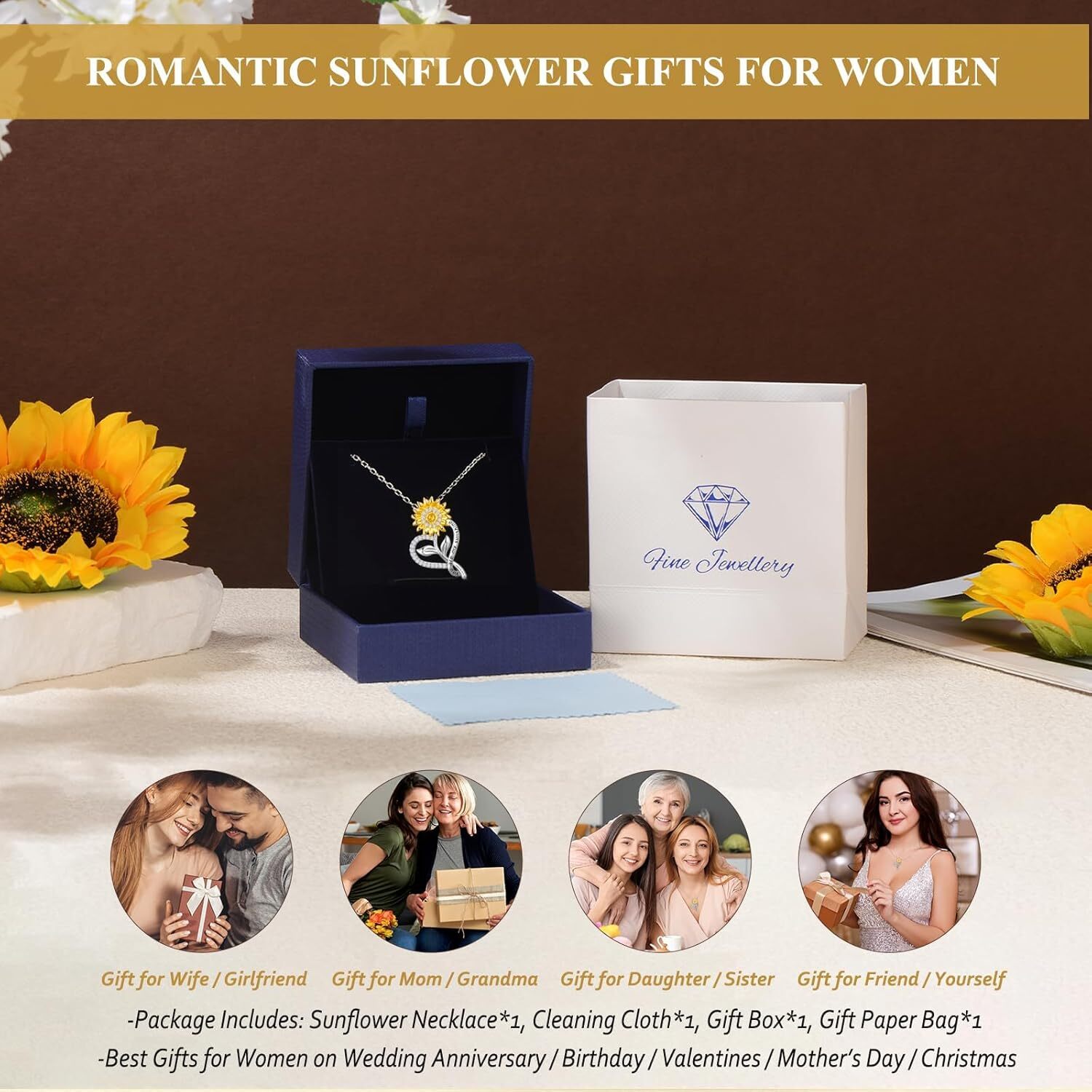 Sunflower Heart Necklaces for Women Anniversary Birthday Valentines Day Gifts