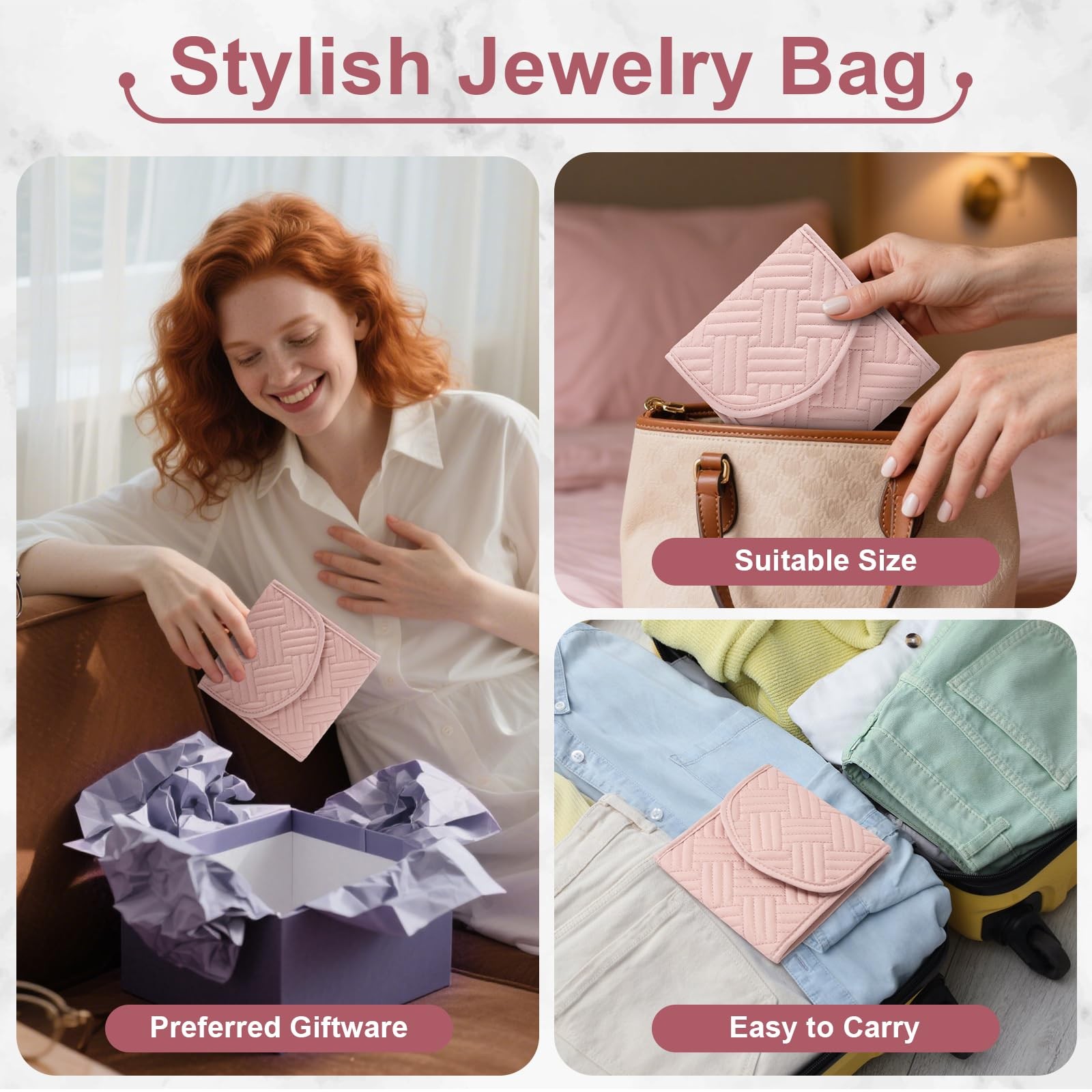 Amrules Travel Jewelry Roll Organizer Bag Foldable and Anti-Lost Small, Pink