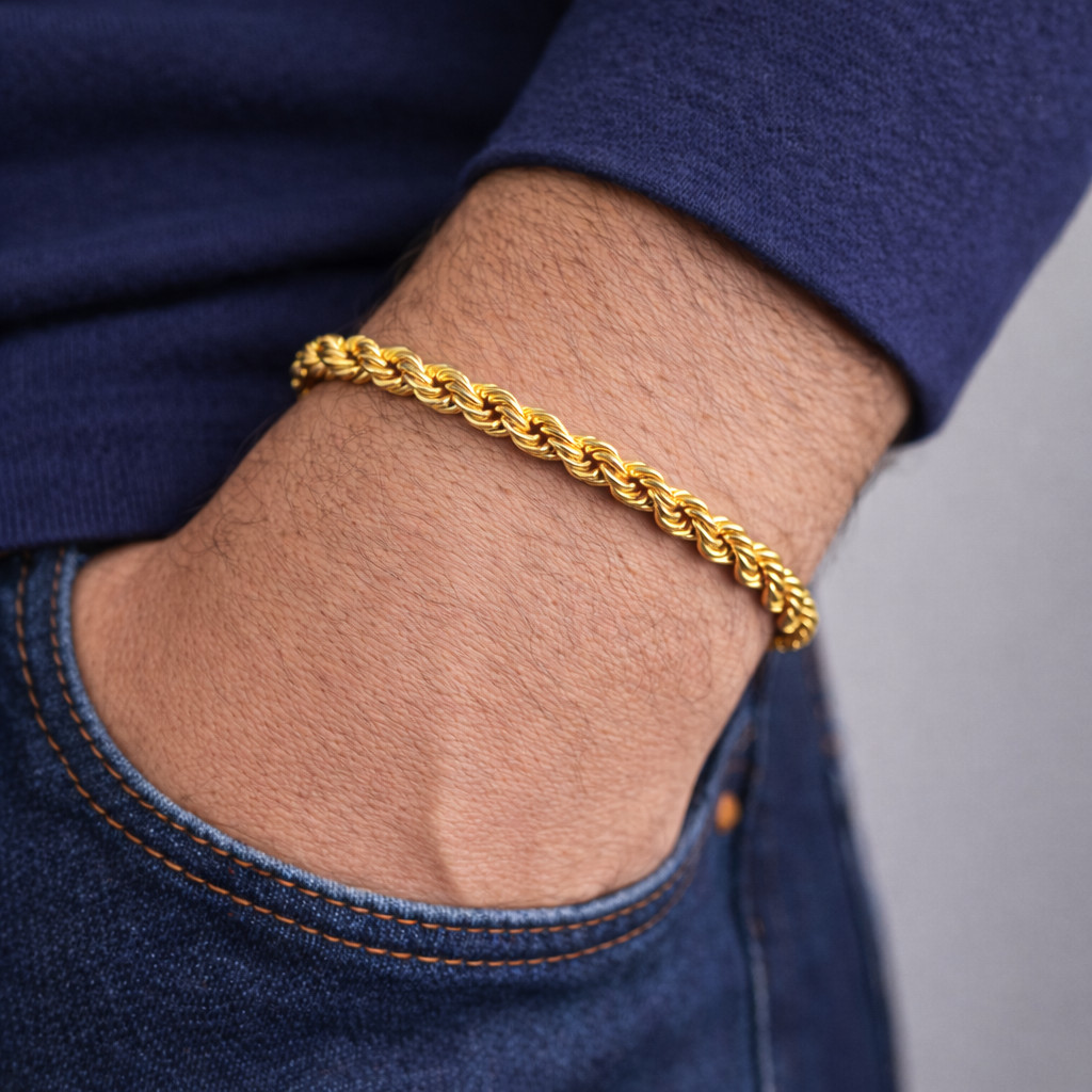 Real Italian 1/200 14K Yellow Gold Overlay Oro Rope Link Bracelet Pulsera Link