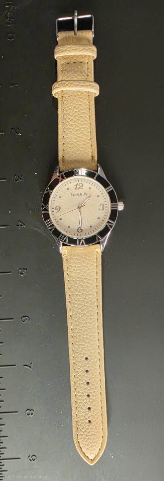 Gruen Quartz Analog Dress Watch Beige Dial Leather Strap Black/Silver Bezel