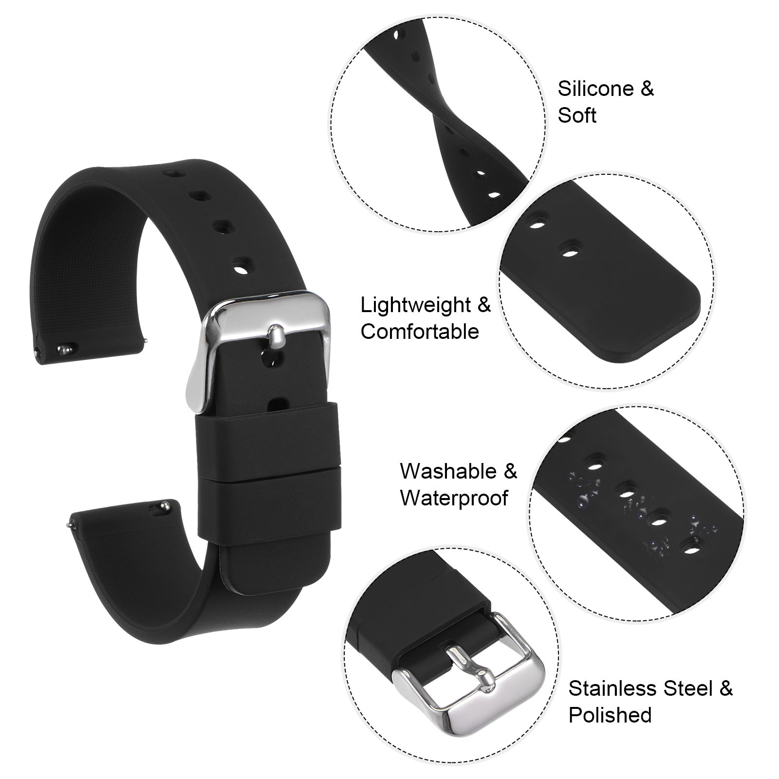 Silicone Watch Band 14mm Quick Release Soft Rubber Watch Strap Black
