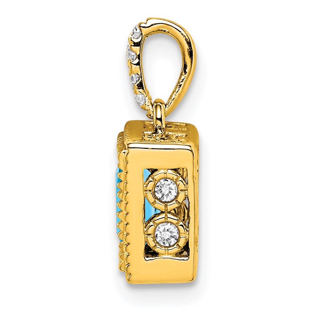 14k Yellow Gold 6mm Square Blue Topaz and Diamond Pendant 1.47gm L-14.2 mm