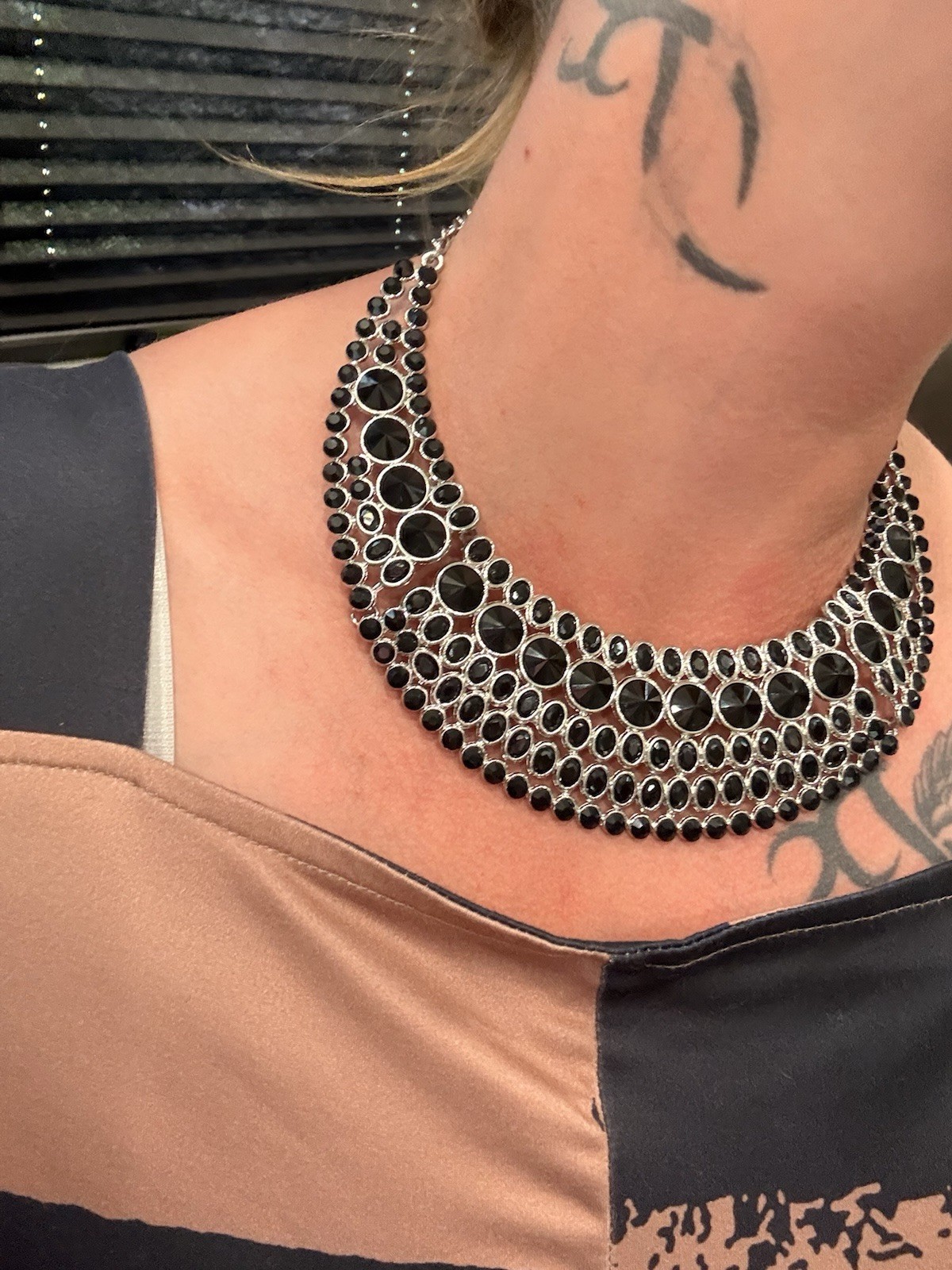 Black Round Crystal Multi-Row Statement Collar Necklace Silver Plated Lobster