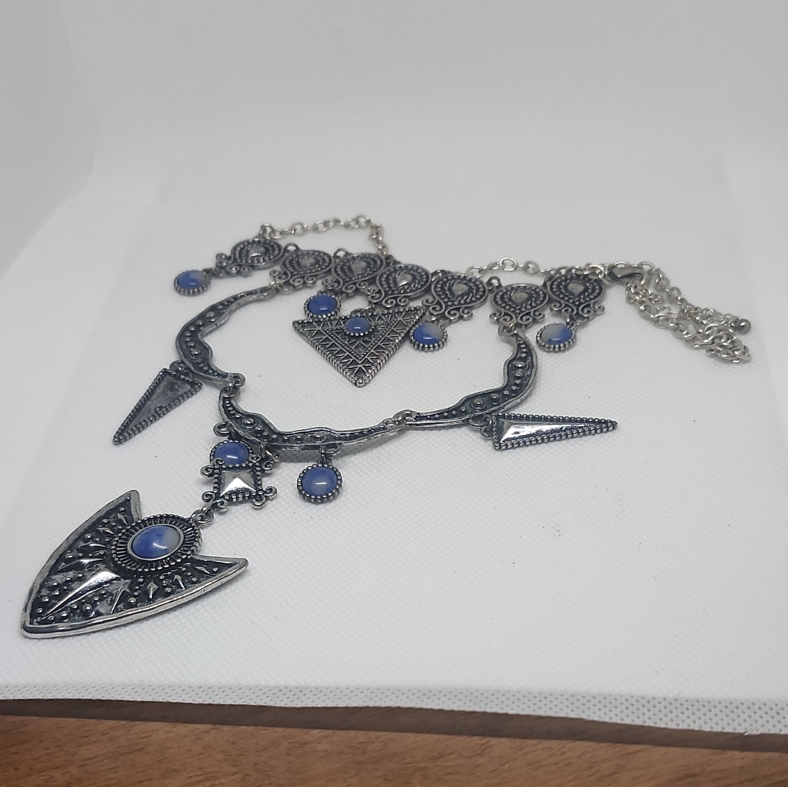 Silver Tone Blue Oval Cabochon Style Adjustable Necklace & Earrings Set