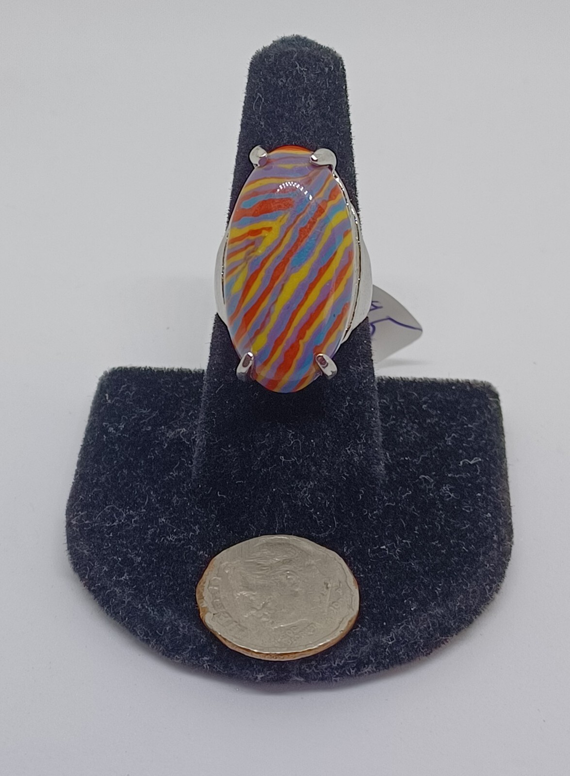 Striped Cabochon Ring Womens Rainbow Colors Stone Size 6.75 Stainless Steel