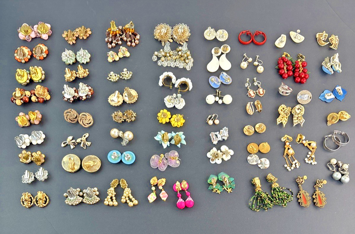 Lot of 62 Clip-on Screw Back Earrings Vintage 1940’s-1970’s Mixed Metals Cluster