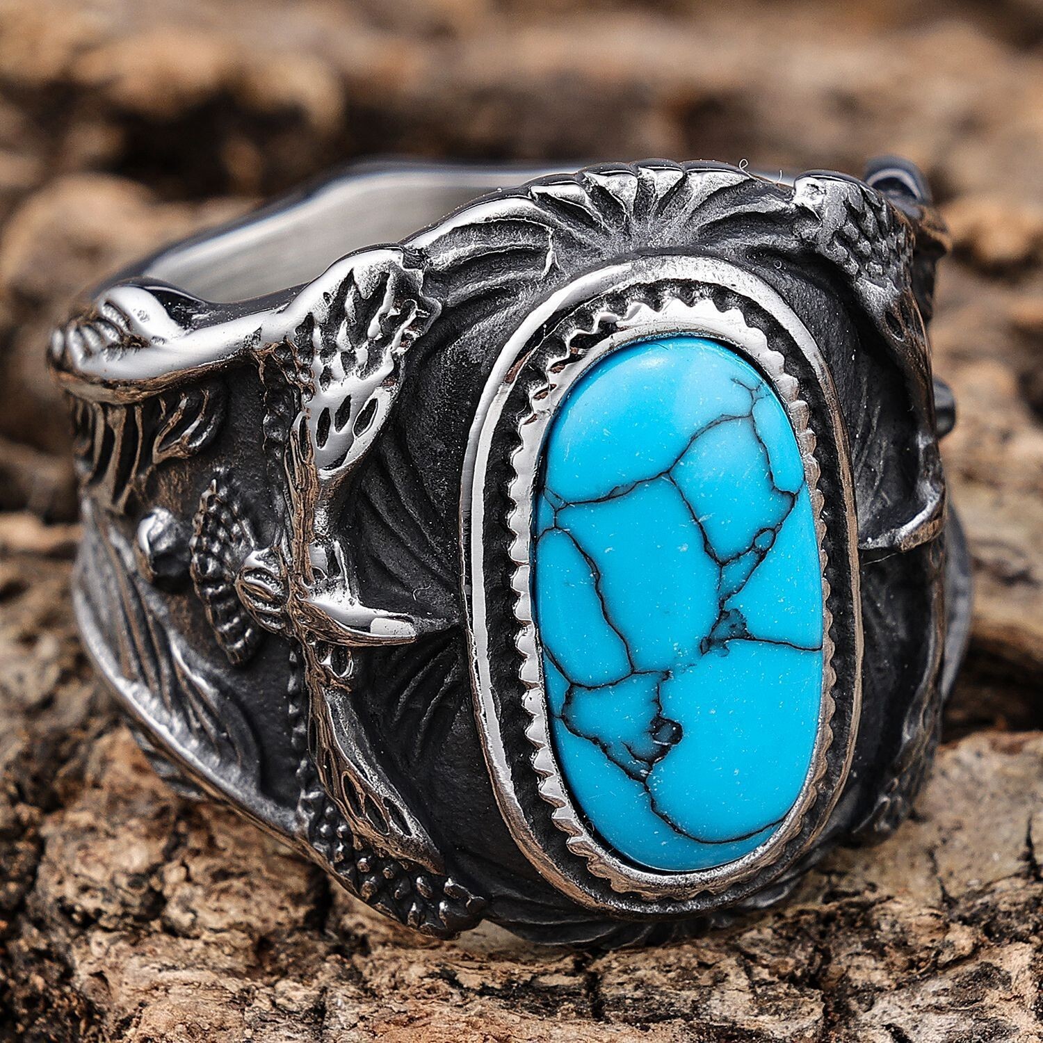Mens Large Biker Eagle Turquoise Stone Ring Men Stainless Steel Size 7-15