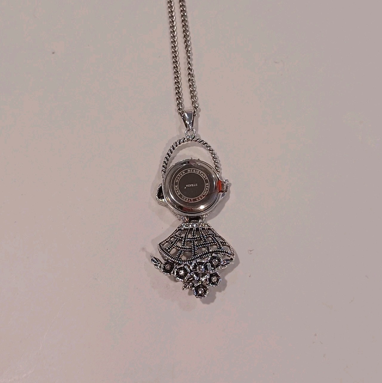 STRADA Silver Tone S. Steel Necklace Locket Watch Floral Design & Rhinestones
