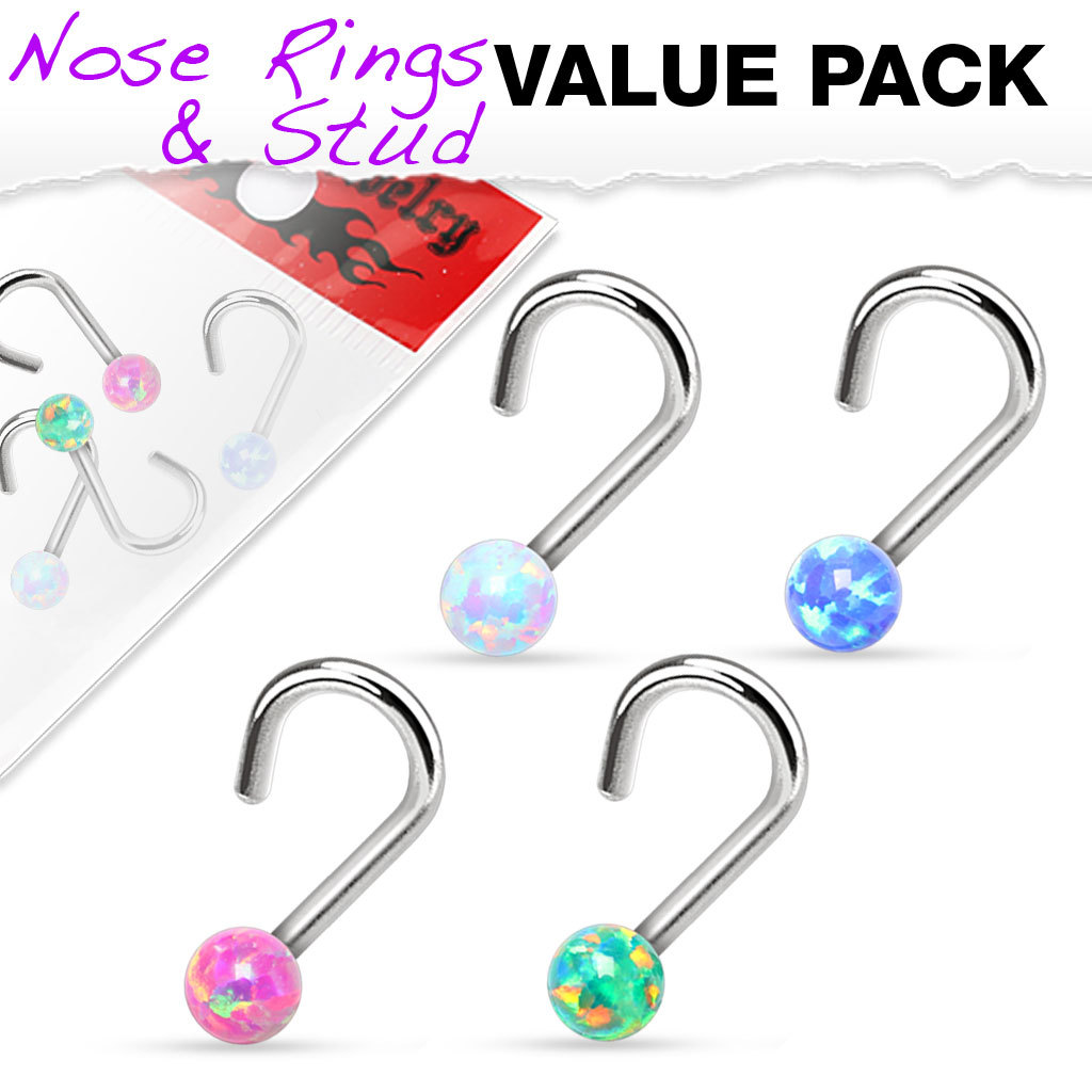 4 Pc Pack Of 18g & 20g 2MM Fire Opal Ball 316L Surgical Steel Nose Screw 4 Color