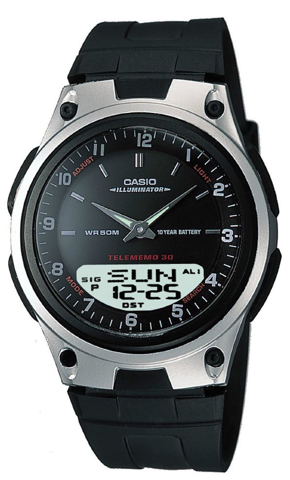 Casio AW80-1AV, 10 Year Battery, Telememo Watch, Black Resin Strap, 3 Alarms