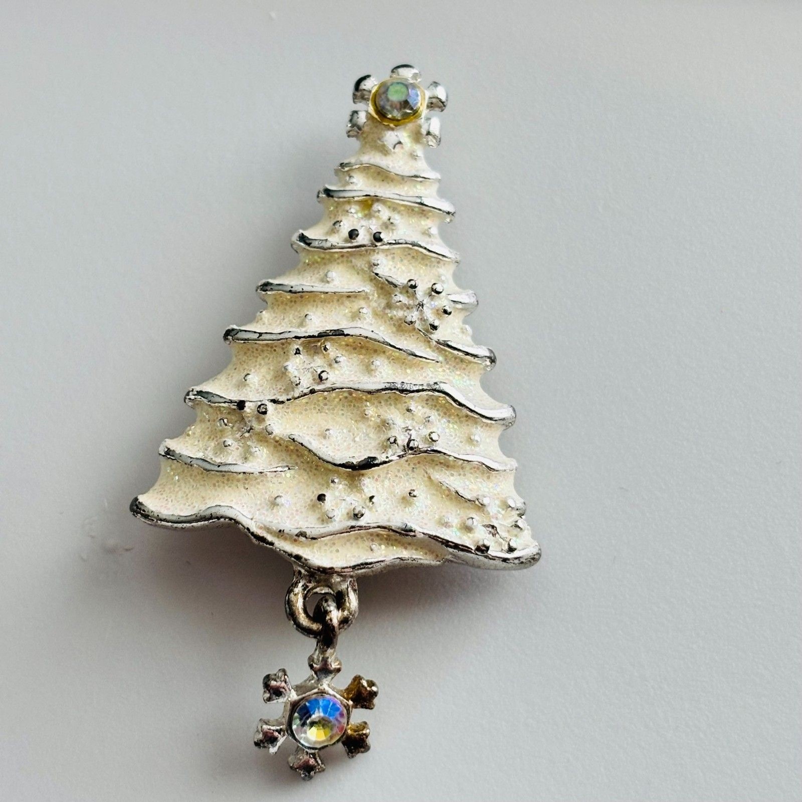 VINTAGE Christopher Radko Silver Tone Christmas Tree Brooch Dangle Snowflake