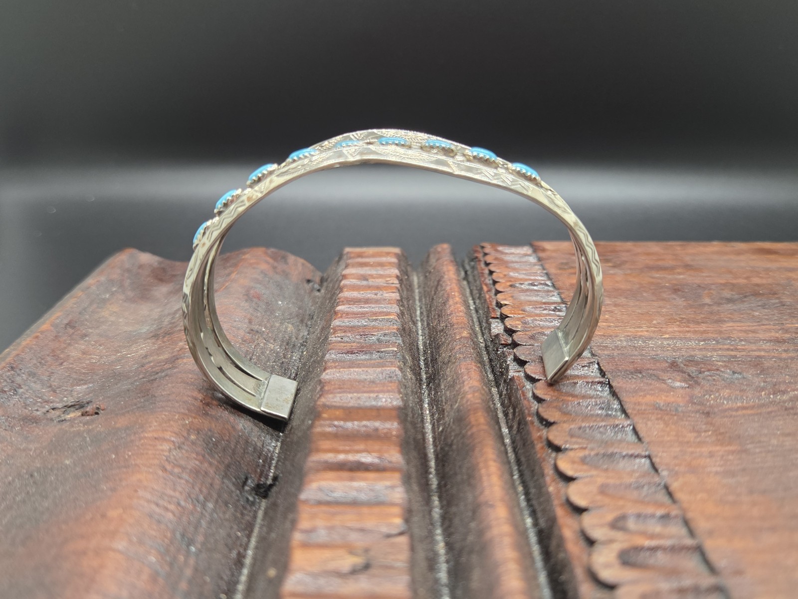 Vtg NICKLE SILVER BELL TRADING POST Southwest Navajo TURQUOISE Cuff Bracelet