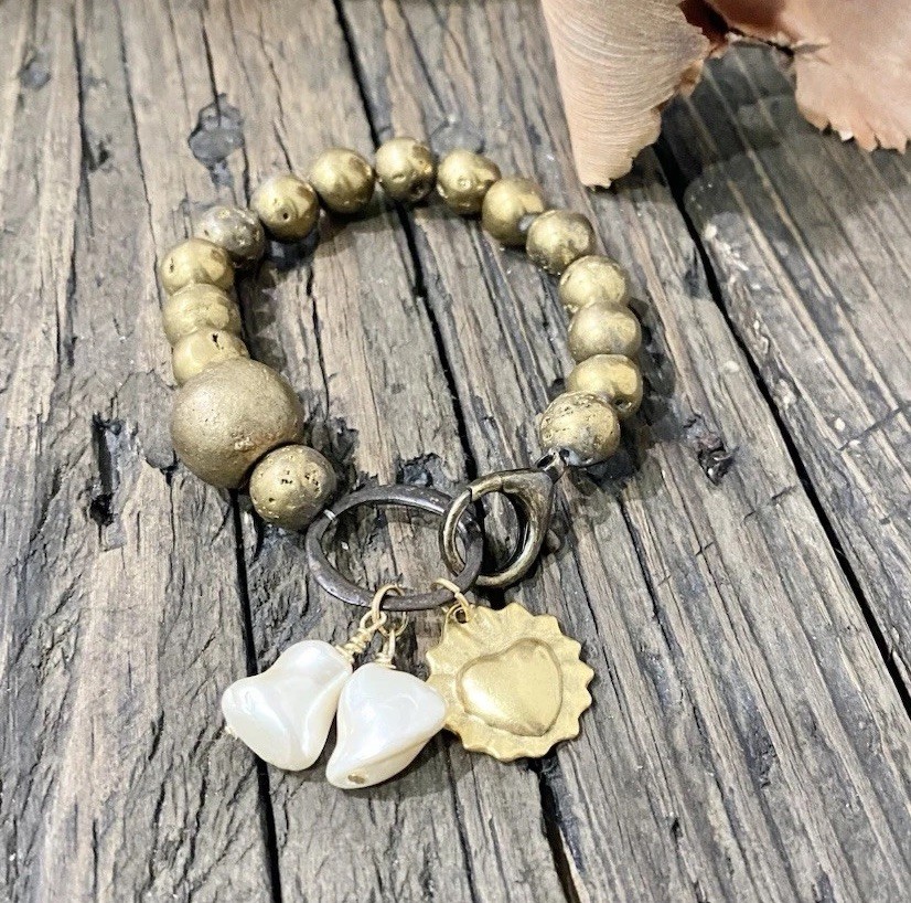 Druzy Agate & Baroque Pearl Antique Brass Bracelet with Flaming Heart Charm