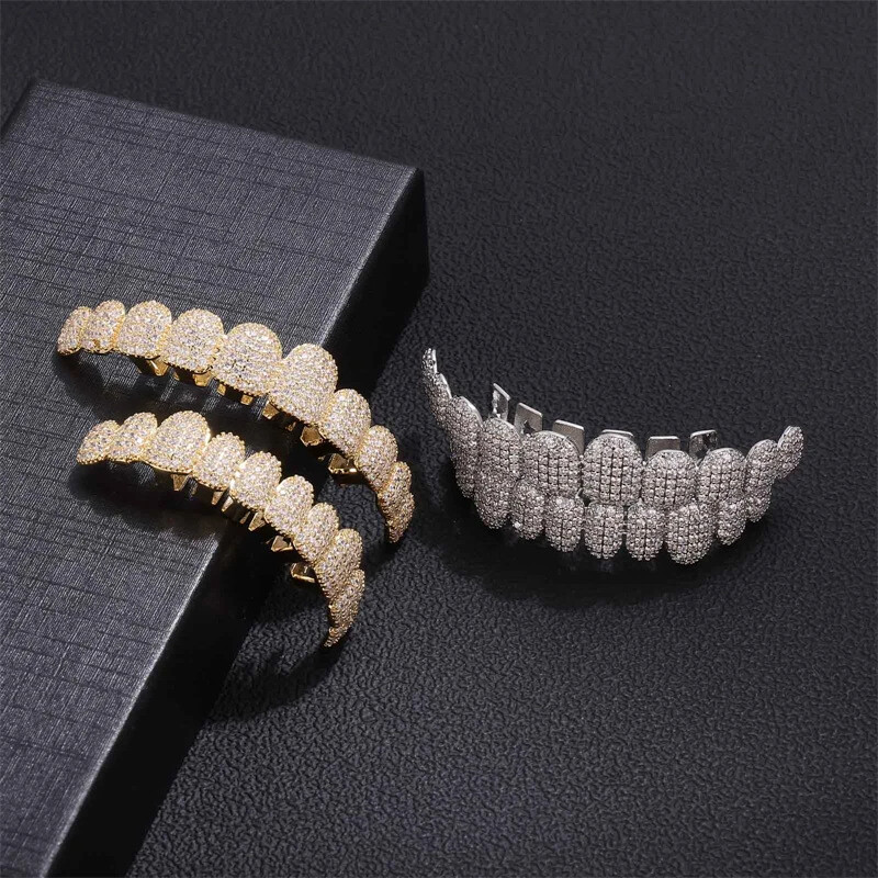 Real 14K Gold Plated Hip Hop Grills Top Bottom Set 5A+ ICED CZ Out Teeth Grillz