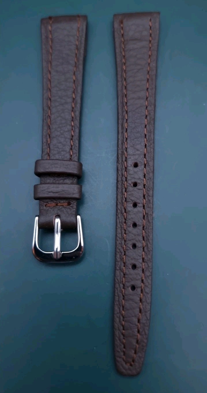 14mm VINTAGE GENUINE LEATHER OPEN ENDED BROWN WATCH STRAP, SILVER BUCKLE.