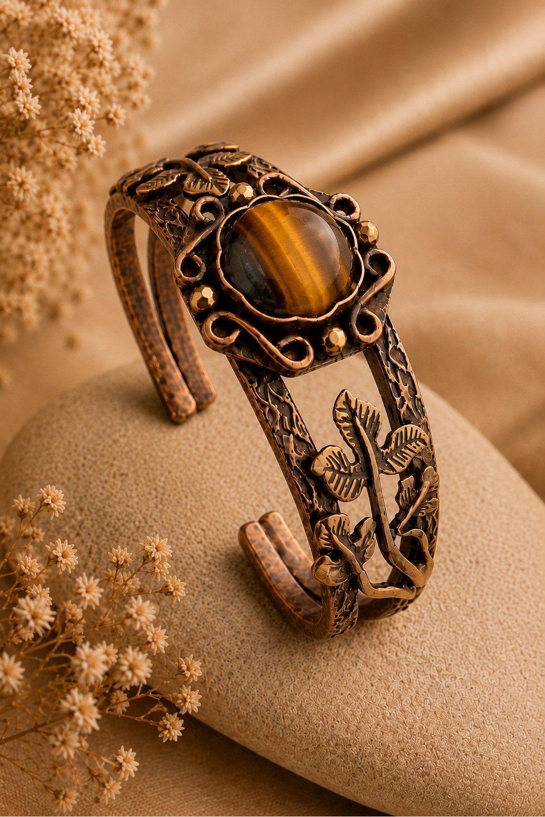 Women’s Tiger Eye Stone Copper Bracelet Leaf Fig�rl� Authentic Design
