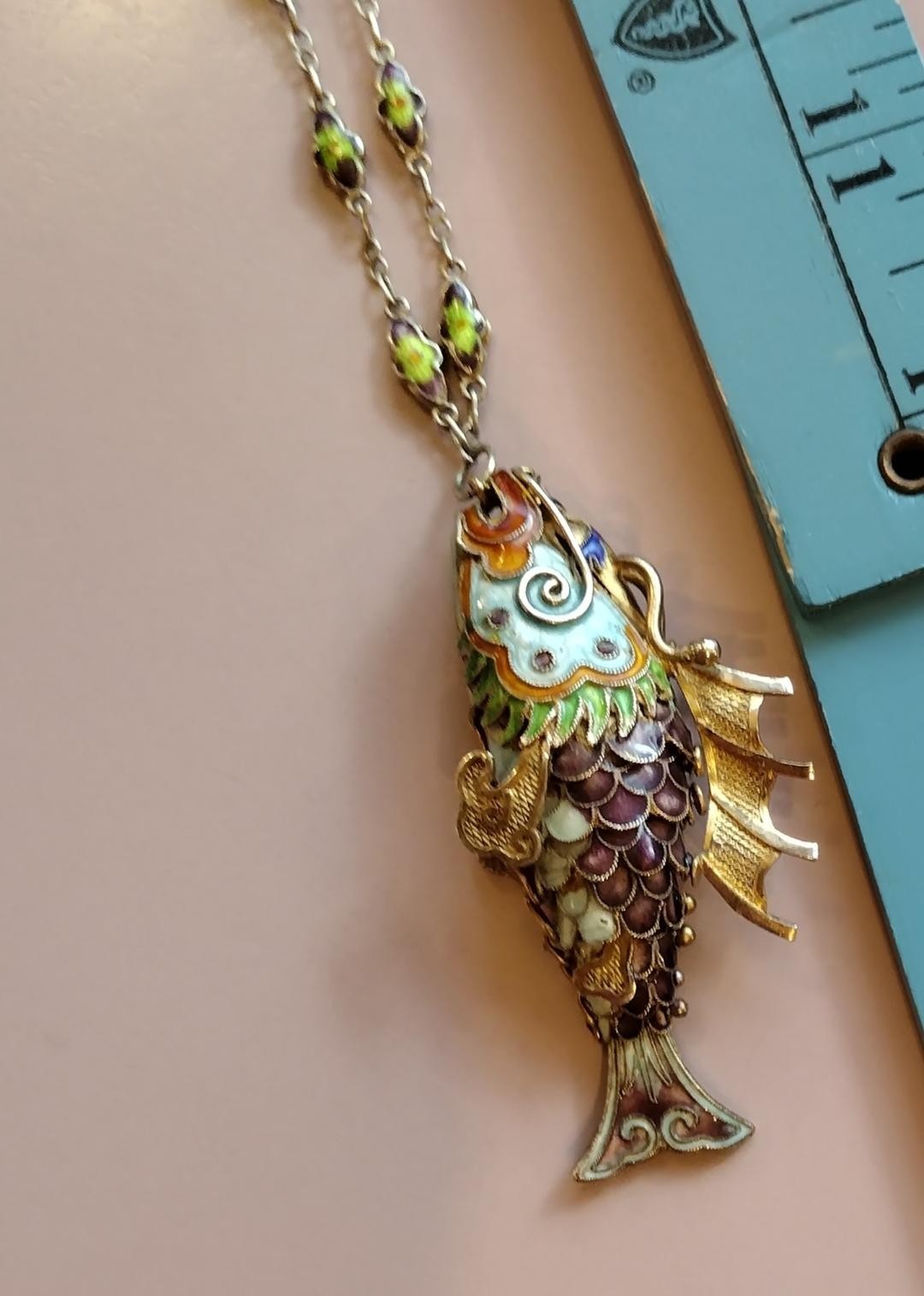 Vtg Chinese Koi Fish Necklace Silver Cloisonne Enamel Articulated Ships Free