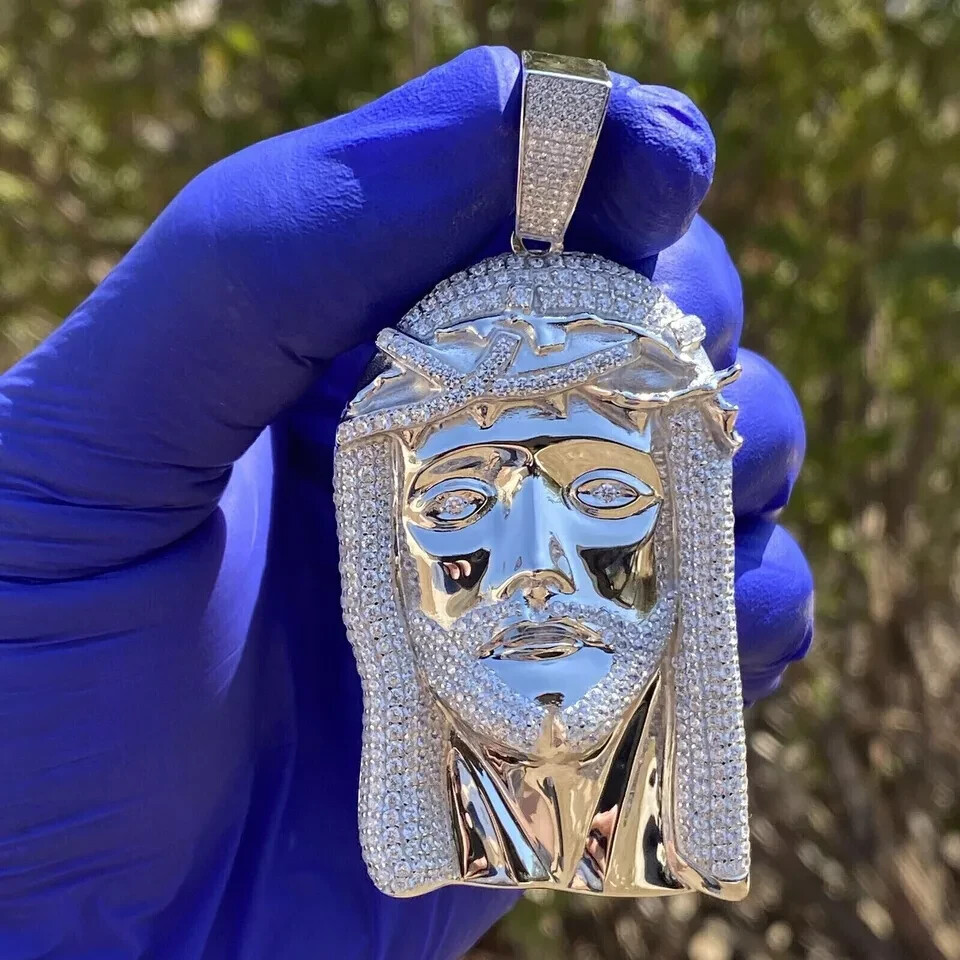 2.00Ct Lab Created Diamond Round Jesus Face Pendant 14K White Gold Plated Silver
