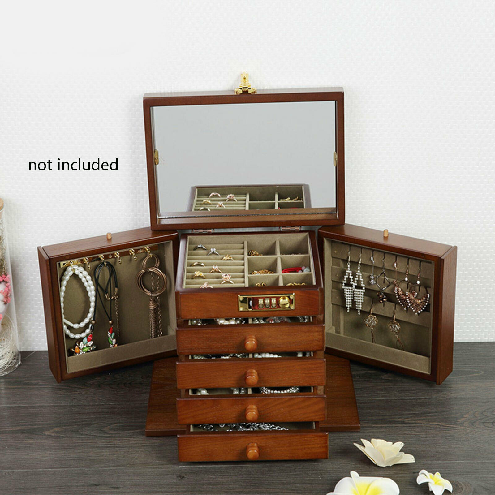 5 Layers Vintage Large Jewelry Organizer Wooden Storage Box Case with 4 Drawers