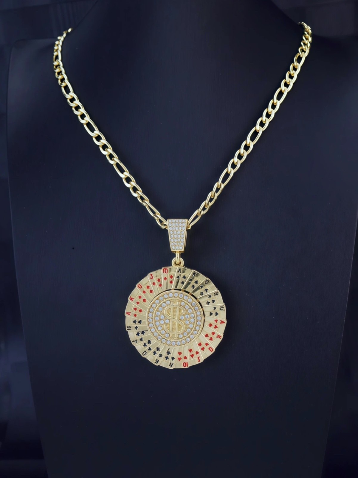 Gold Roulette Spinning Center /Casino Poker Cards Pendant Necklace Cuban Chain