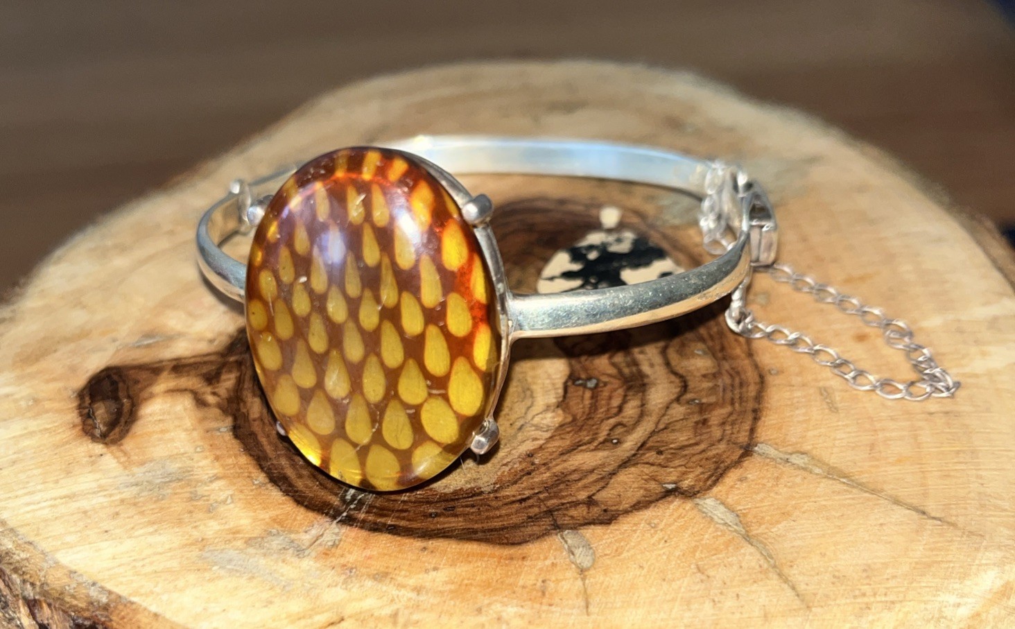 Sterling Silver 925 & Baltic Amber Reverse Carved Bangle – Stamped – Beautiful