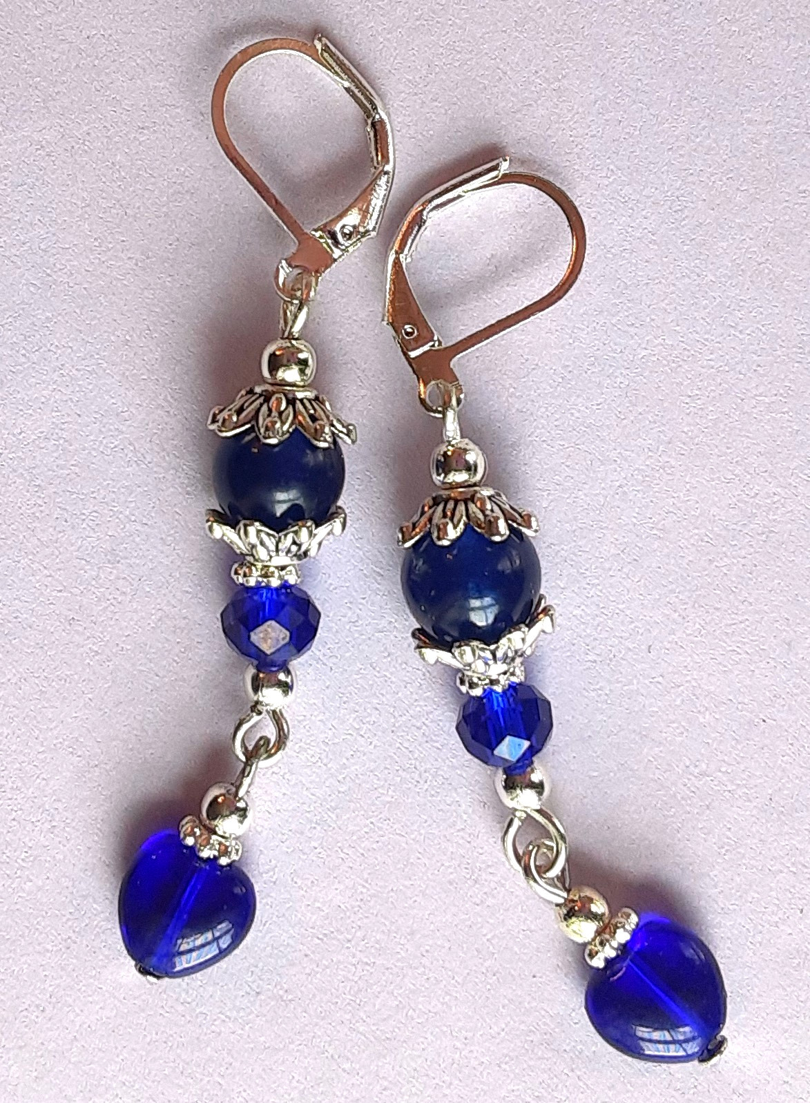 COBALT BLUE JADE & CZECH HEART DANGLE earring SP LEVER BACK artisan #612