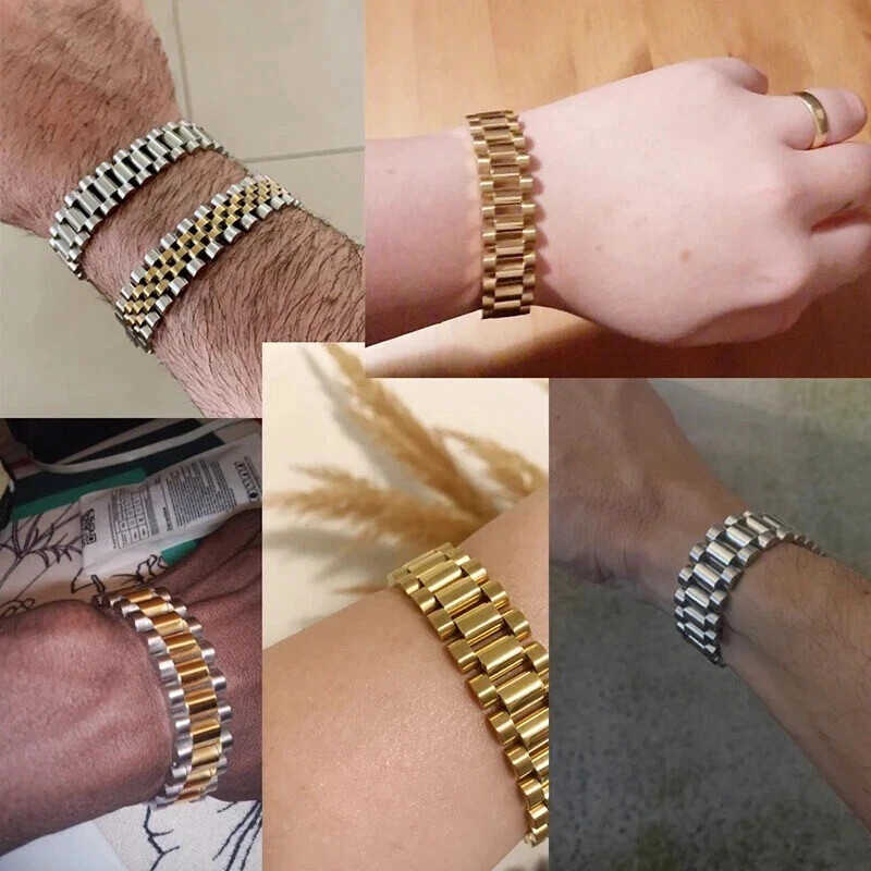 15MM Wide 8/8.86‘’ Watch Chain Wristband Bracelet Gold Plated Stainless Steel
