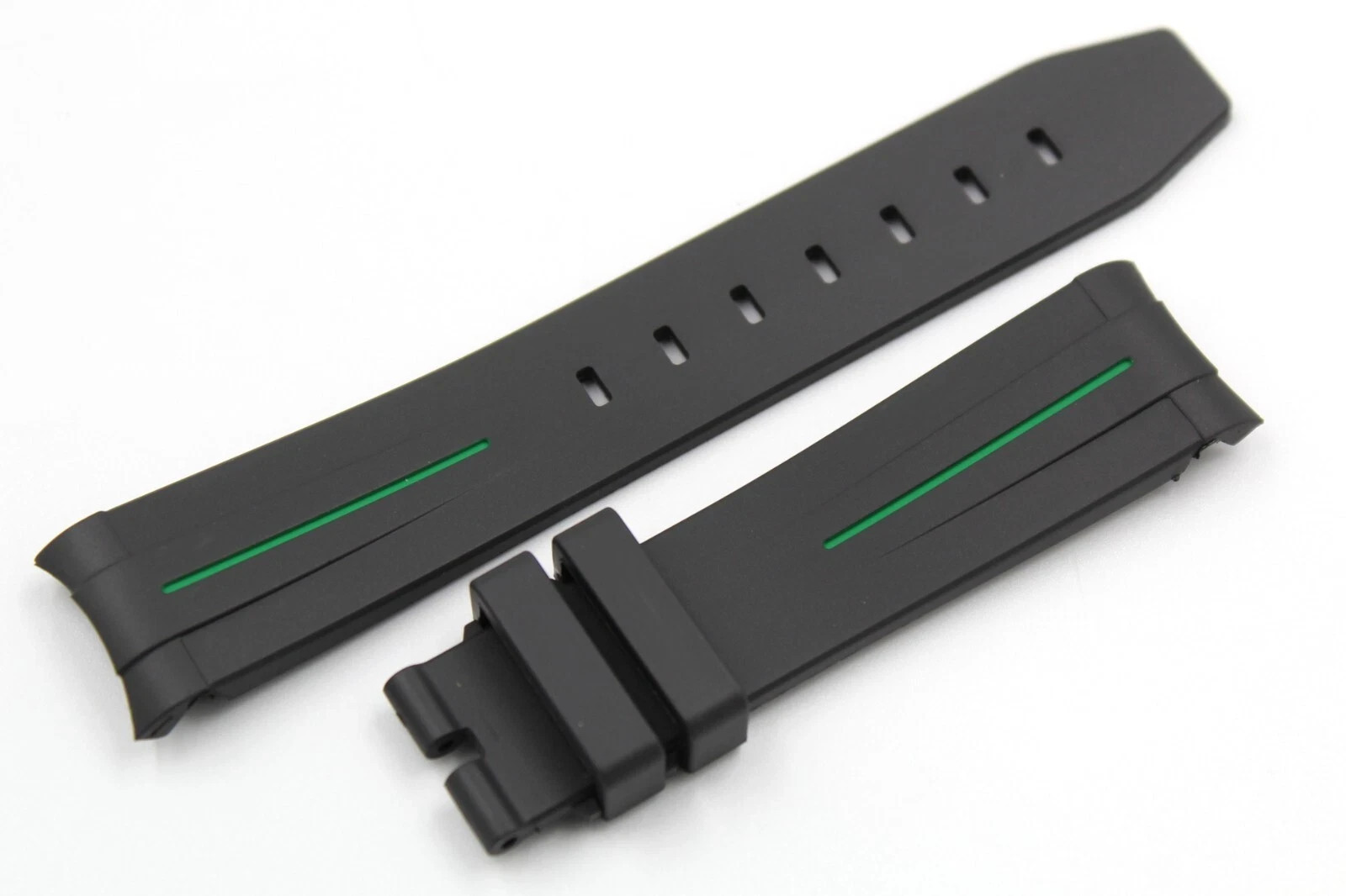 Black TPU Silicone Strap Green Strip 20/18mm Curved Handle Hypoallergenic New