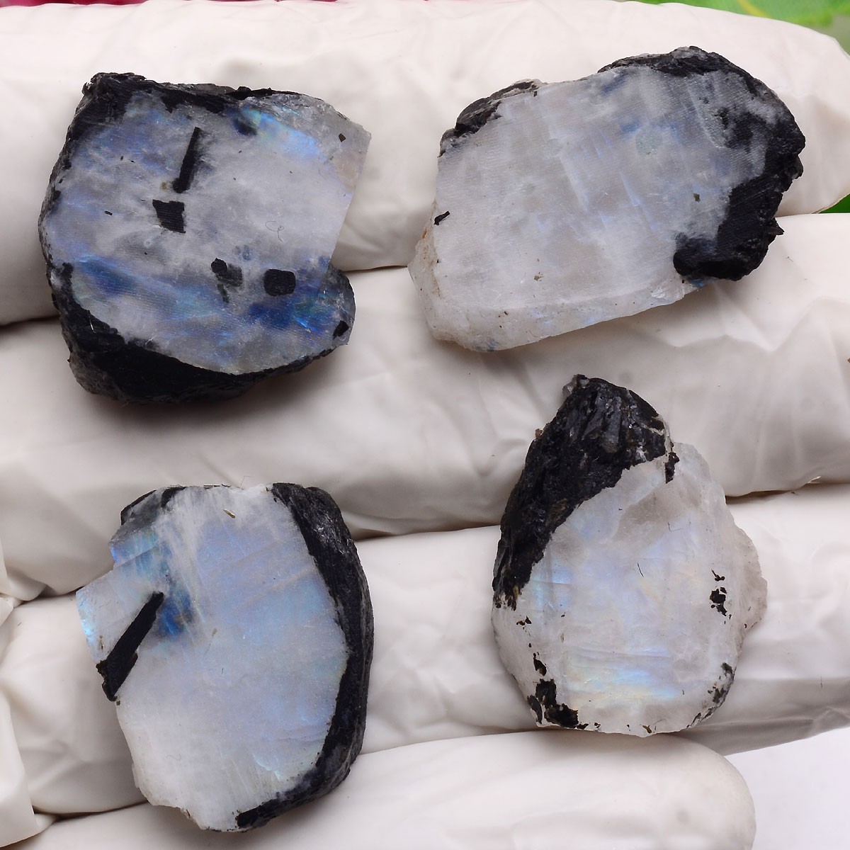 Blue Aurora~ Set Of 4 Pcs Natural Moonstone 25mm-29mm Rough Slabs Gemstones Lot