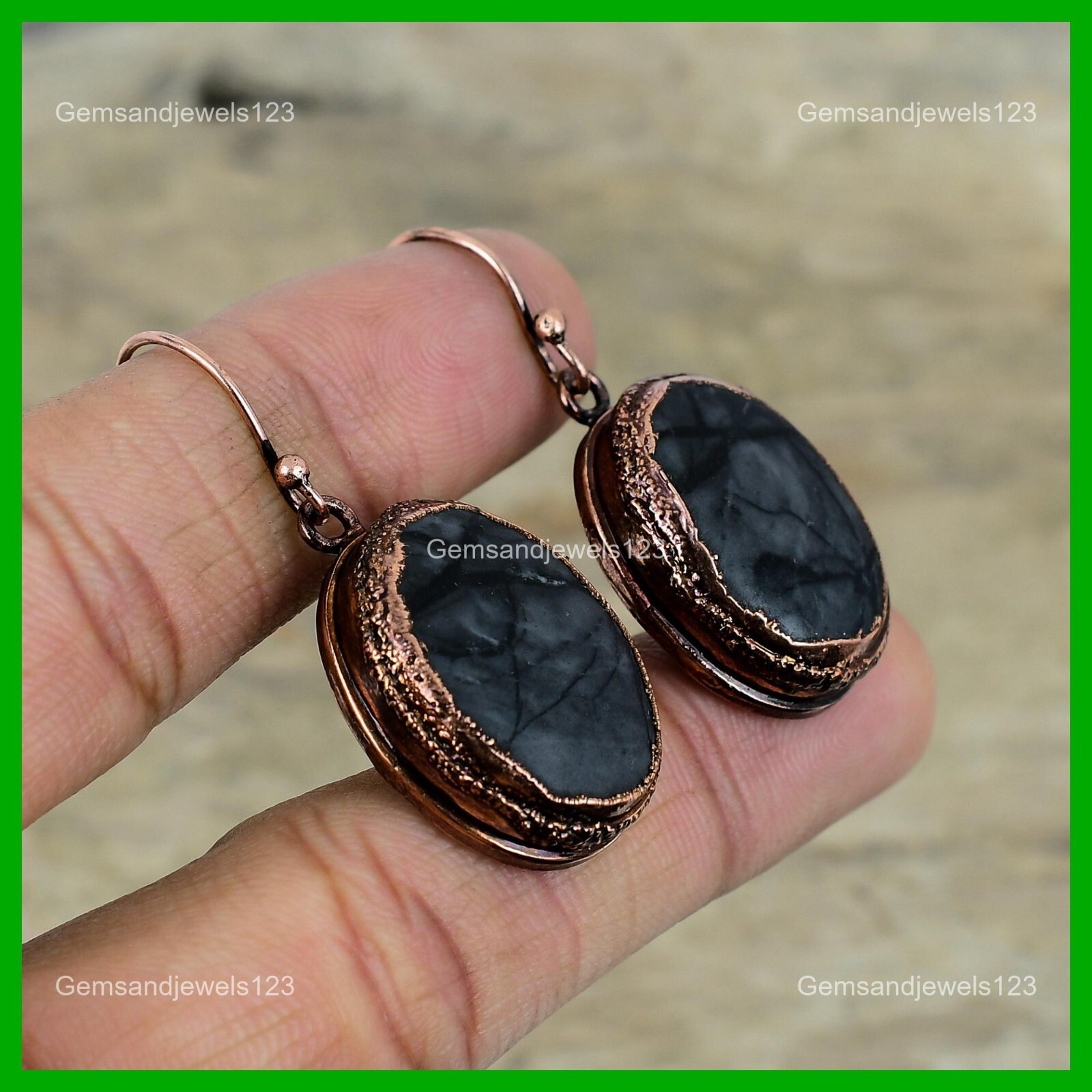 Copper Picasso Jasper Stone Dangling Anniversary Electroformed Earrings Jewelry