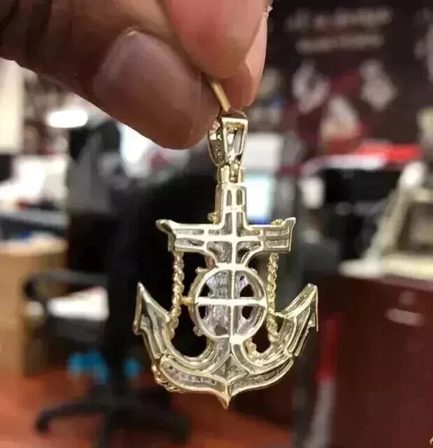 14K Yellow Gold Plated 3.Ct Round Moissanite Jesus Cross Mariner Anchor Pendant