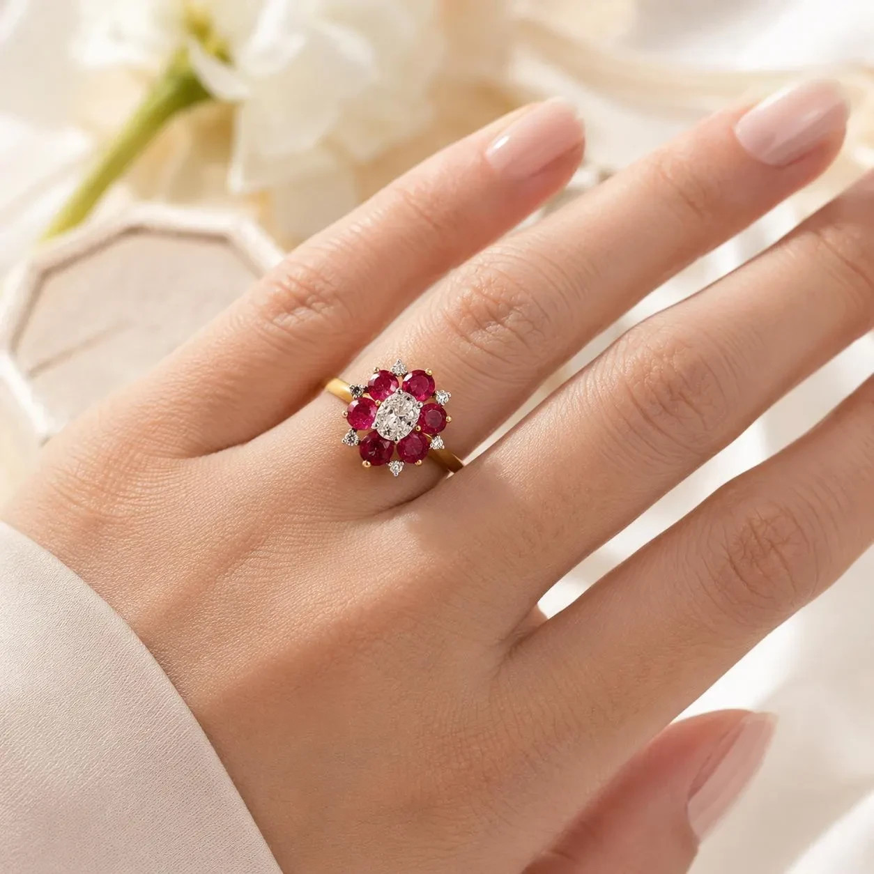 Natural Mined Diamond and Pink Sapphire Floral Halo Bridal Cocktail Ring – 14KT