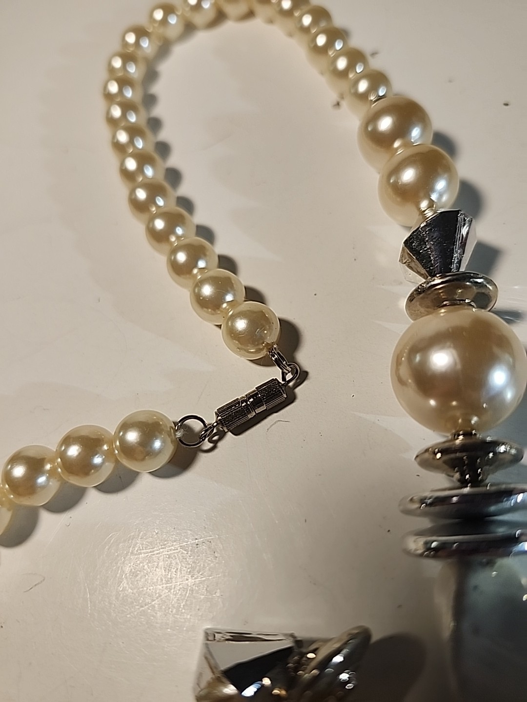Iridescent SHell Pearl Necklace Silver Long 24 inch Statement Piece