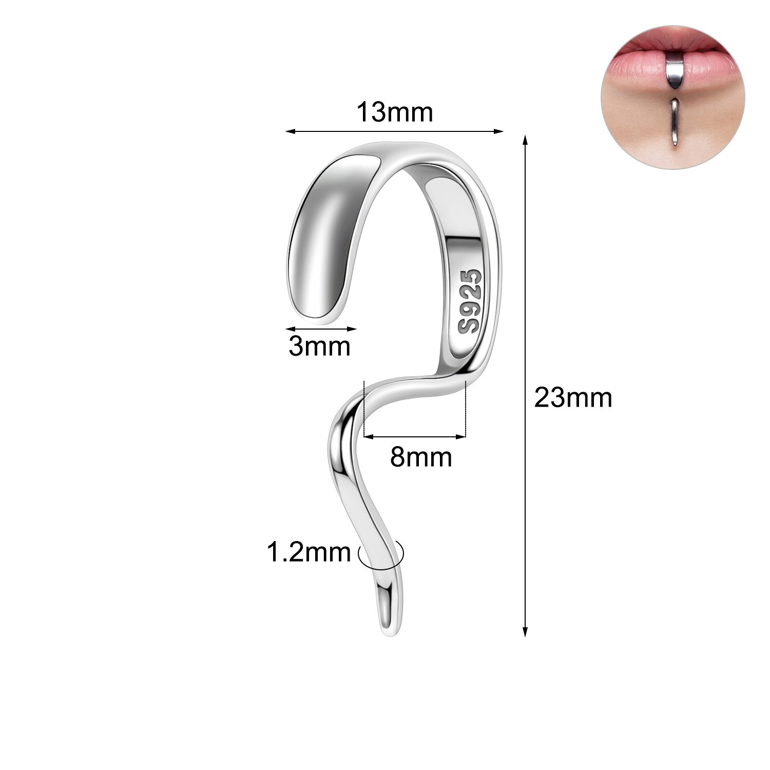 1Pc 16G 925 Sterling Silver Labret Lip Stud Hanger Shape Monroe Piercing Jewelry