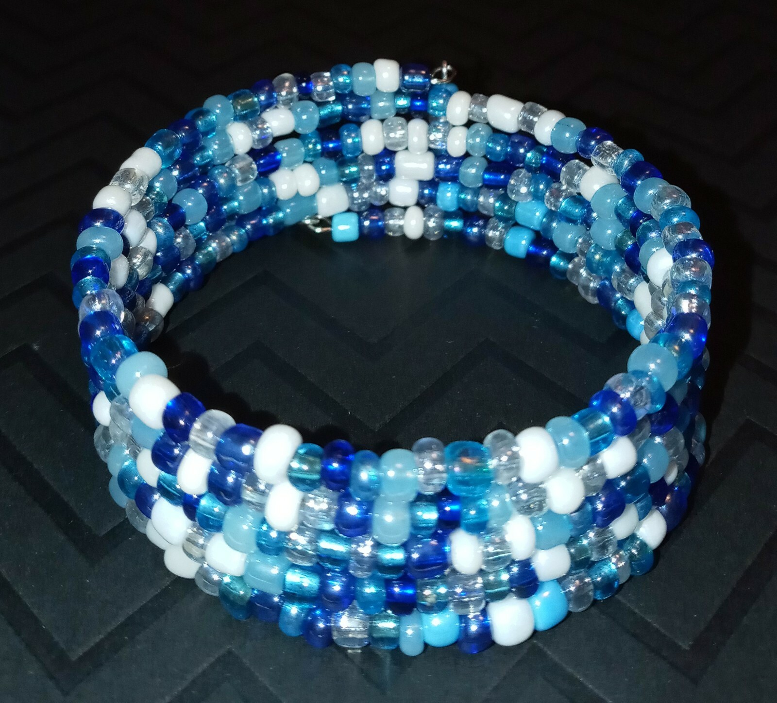 Mix of Blues White & Crystal Beaded Wrap / Coil Bracelet USA Made – Glass Beads
